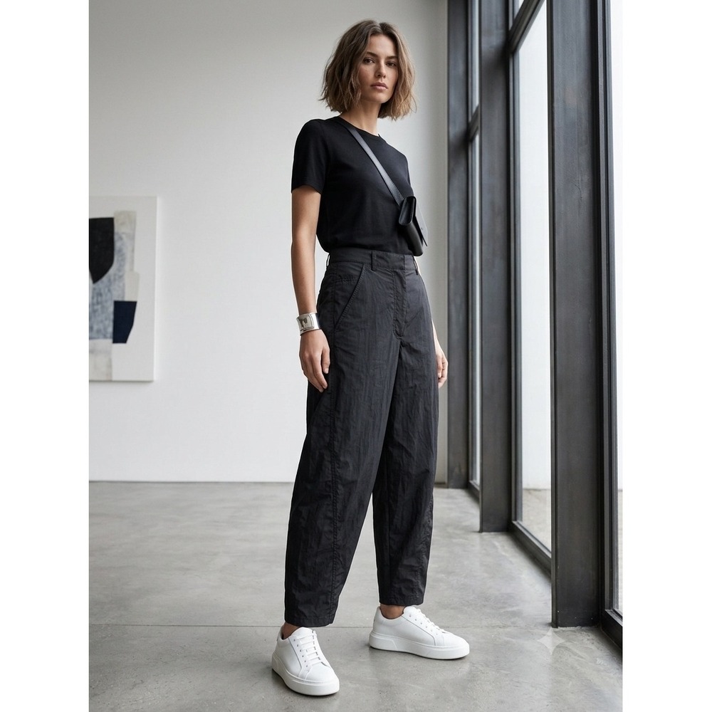 COS Womens Black Nylon Barrel Leg Trousers Cropped Tapered Pants Size 12